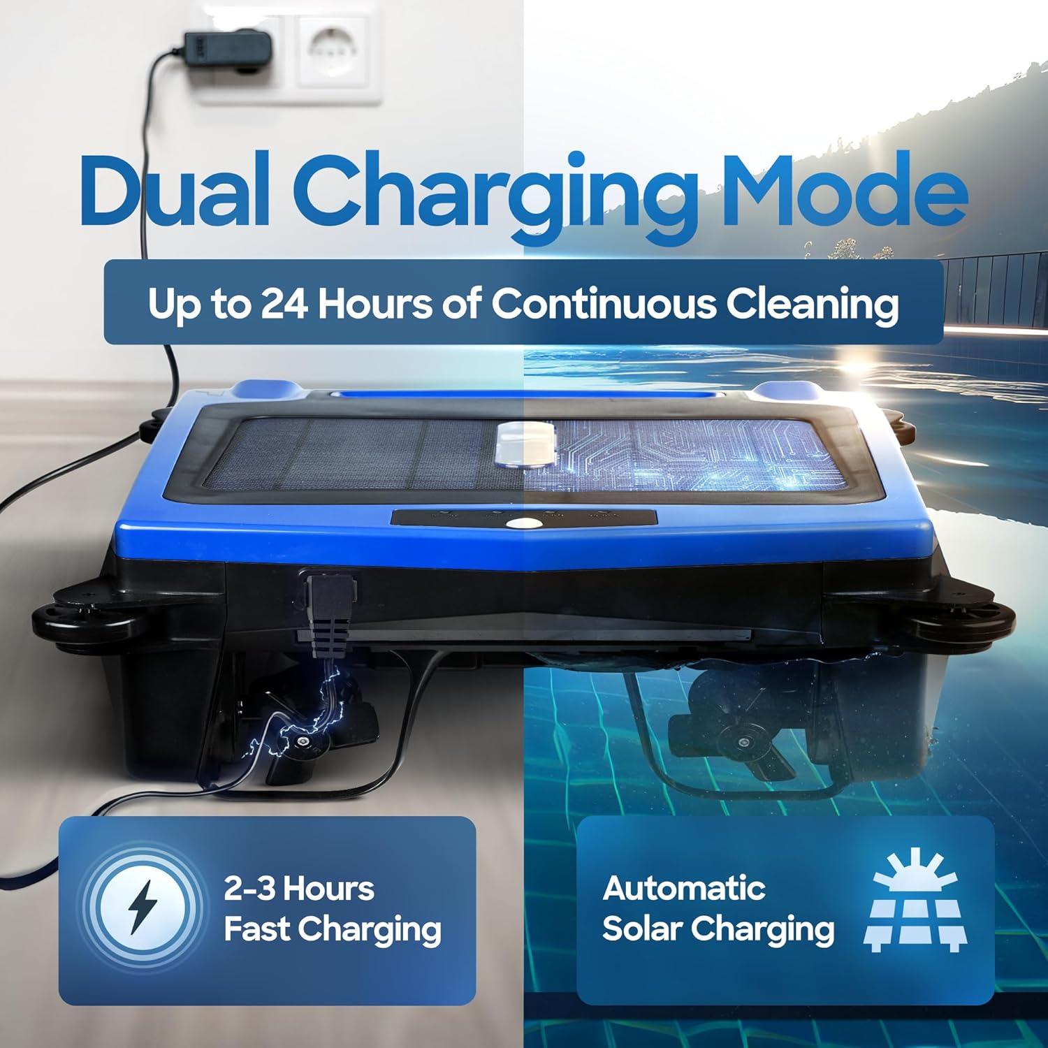 Solar Powered Pool Skimmer Robot – Charges by Solar & Wall Plug – 2 Modes - 5000 mAh Battery Continuous Surface Cleaning