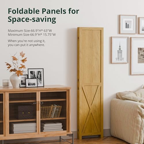 Cozy Castle Wood Room Divider, 4 Panel 66.9 Inch Privacy Screen, Folding Wall Divider, Barnwood Room Separator, Freestanding Partition