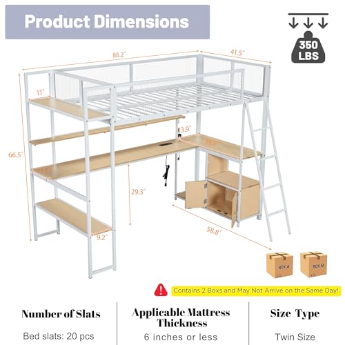 Full Size Loft Bed with Desk and Stairs,Metal Gaming Loft Bed Full with Wardrobe and Shelf, High Loft Bed with LED & USB Charging Station for Teens