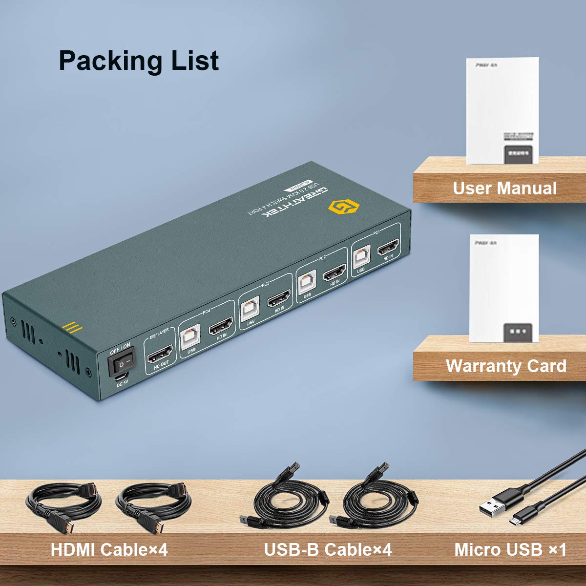 GREATHTEK KVM Switch HDMI 4 Port 4K@60Hz,4USB 2.0,Support The Input of USB2.0 Devices Such as Printers,HDCP2.2,YUV 4: 4: 4,All Needed Cables