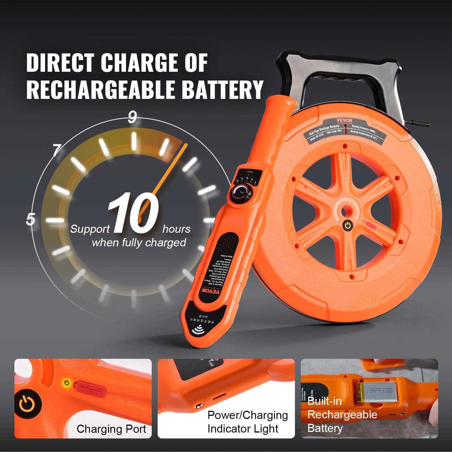 VEVOR Pipe Blockage Detector Locators 100ft/30m Waterproof for Pvc Plastic Metal