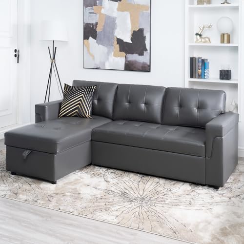 Naomi Home Reversible Sleeper Sectional Sofa Storage Chaise Velvet/Dark Gray