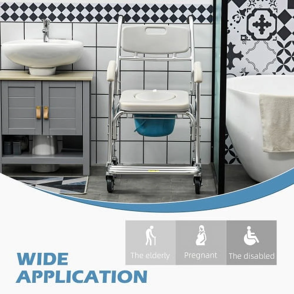 HOMCOM 3-in-1 Shower Commode Wheelchair, Transport Beside Commode Chair