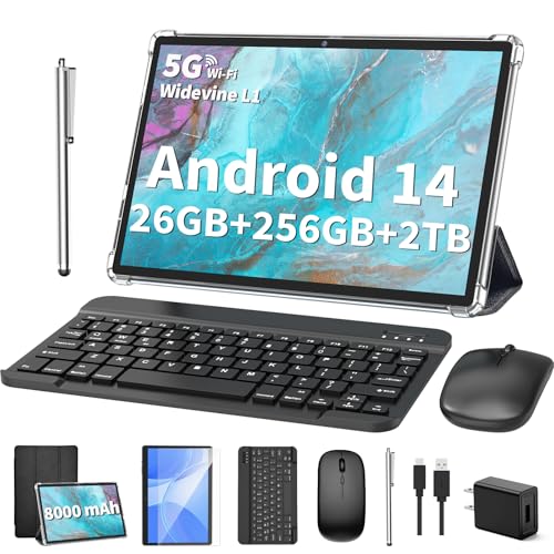 2025 Tablet, Android 14 Tablets 10 inch with Keyboard, 26GB RAM+256GB ROM(2TB Expand), 2-in-1 Tablets with 8-Core, 8000mAh, 5G WiFi, Widevine L1, GMS