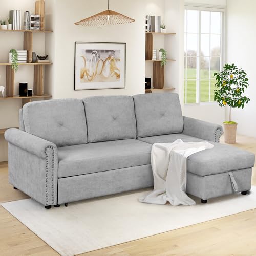 L Shaped Convertible Sleeper Sectional Sofa w/Storage Chaise Lounge & Pull-out Bed, Velvet Upholstered Couch with Nail-head Trim for Living Room
