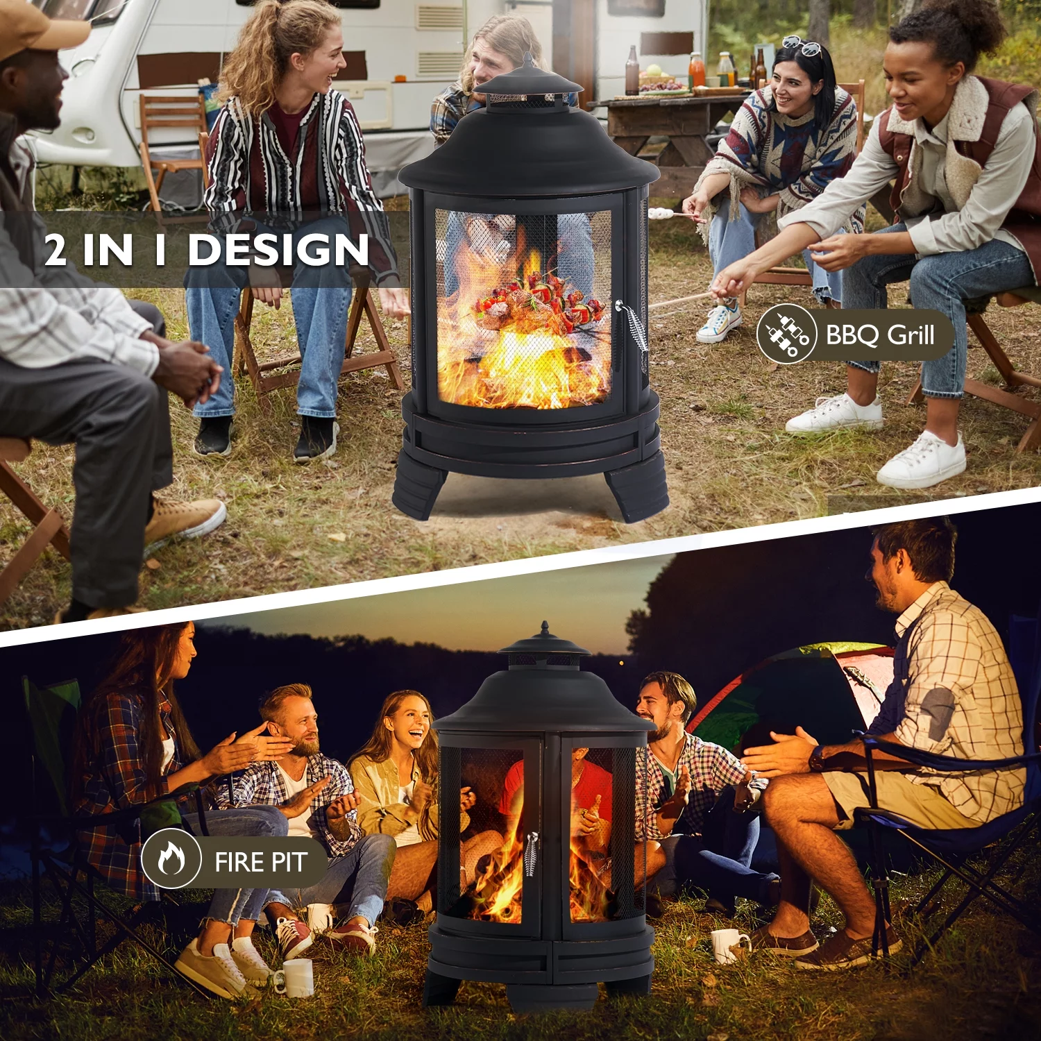 BaPiPro Fire Pit for Outside, 2 in 1 Fire Pit with Removable Grill, Outside Wood Burning Fire Pit for Patio, Backyard,Black Pagoda