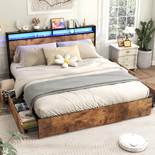 Queen Size Bed Frame with 4 Storage Drawers, LED Platform Bed with Headboard, Built in Charging Station, Noise Free, Stable and Solid
