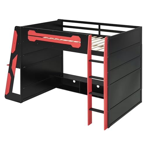 Modern Full Size Gaming Loft Bed with Built-in Desk and Storage Wardrobe, Wood Loft Bed Frame with Light Strip and 2 Drawers