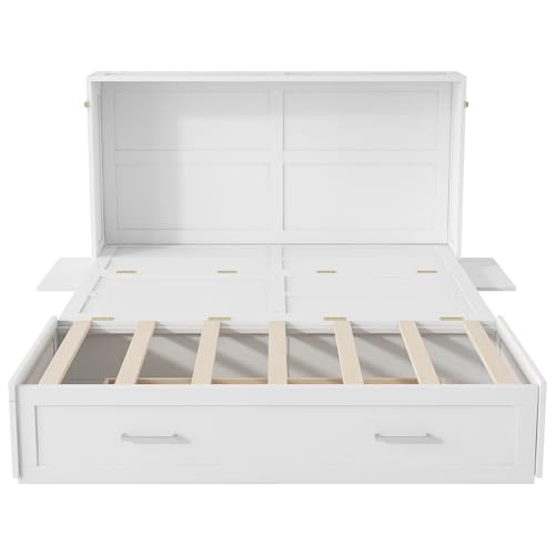 Queen Size Farmhouse Murphy Bed Cabinet with Charging Station, Foldable Platform Bed Frame with 2 Storage Drawers