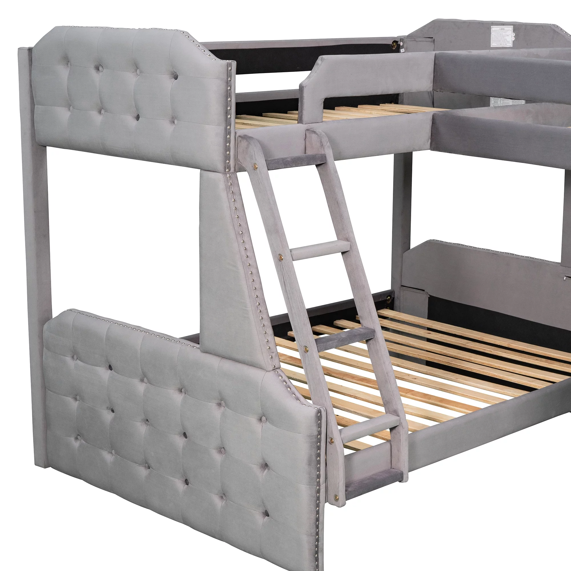 Euroco Upholstery Twin over Full Bunk Bed, Twin Size Loft Bed with Built-in Desk, 3-in-1 Bunk Bed, Solid Upholstered Wood Frame for More Kids, Gray