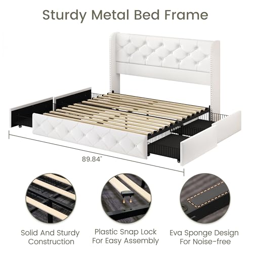 King Size Bed Frame with 4 Storage Drawers and Tufted Headboard Linen Upholstered Platform Bed Frame Wingback Beds with Wooden Slats Support