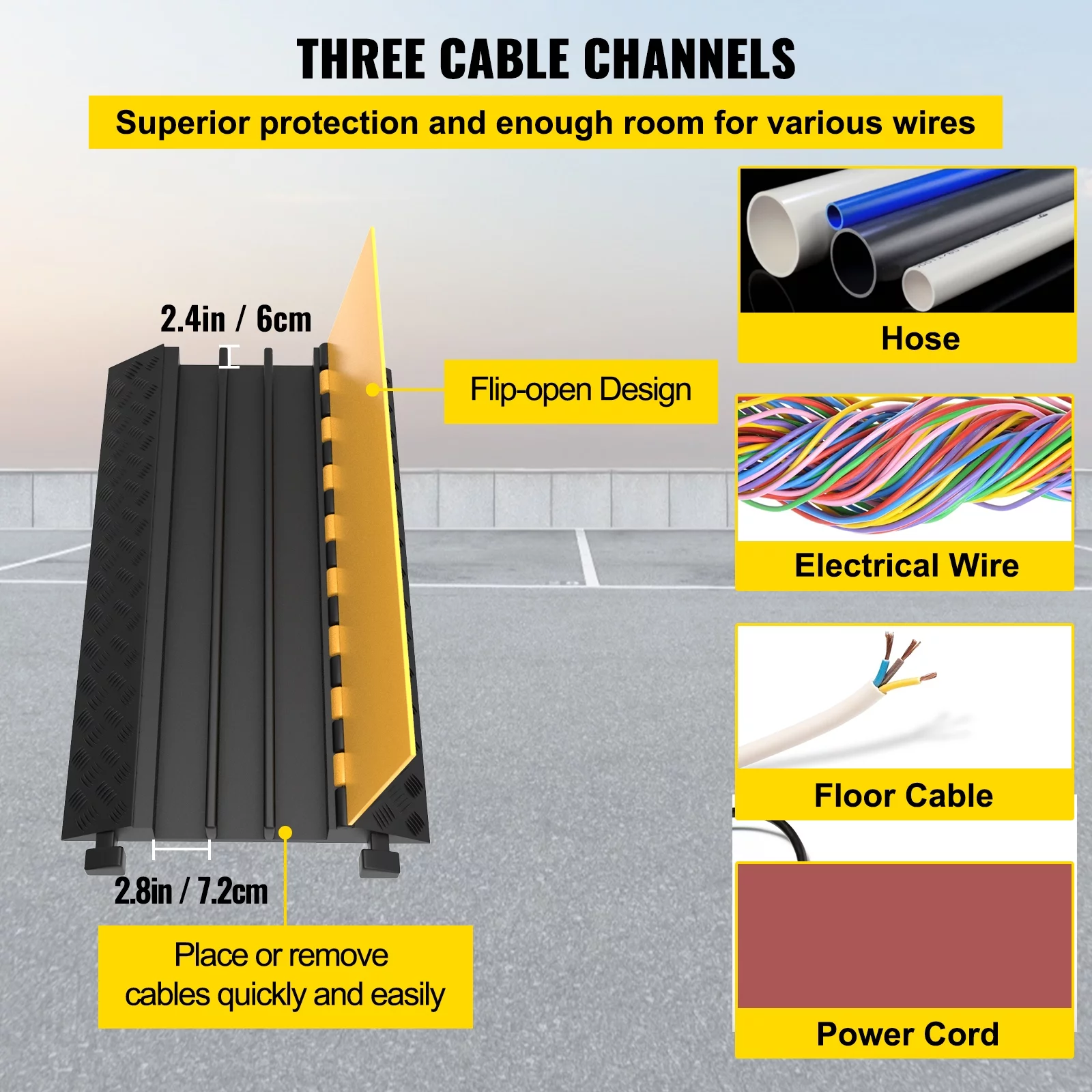 VEVORbrand 3-Channel Rubber Cable Protector Ramp 2 x 2.3 inch Channel Heavy Duty Cable Wire Cord Cover Ramp Speed Bump Driveway Hose Cable Ramp