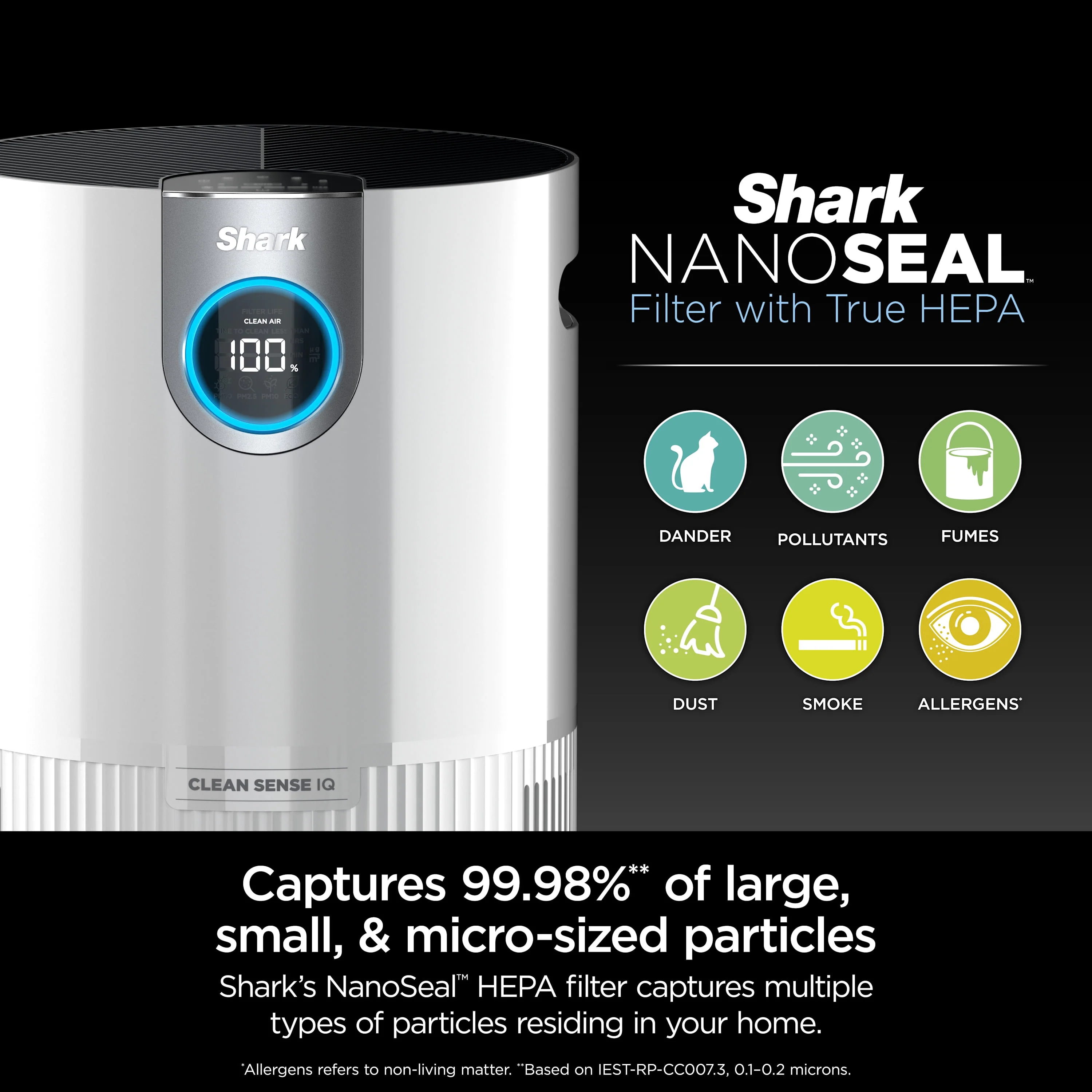 Shark Air Purifier with Nanoseal HEPA, Cleansense IQ, Odor Lock, Cleans up to 500 Sq. Ft, Charcoal Grey, HP100
