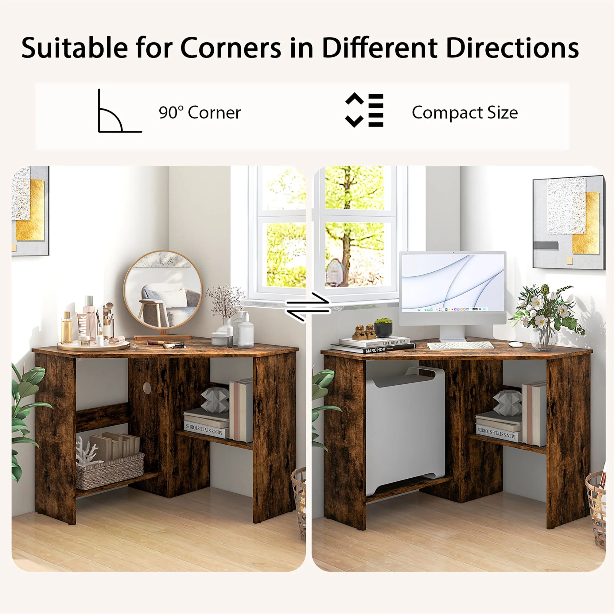 Costway Corner Computer Desk Triangle Writing Workstation w/Storage Shelf Rustic