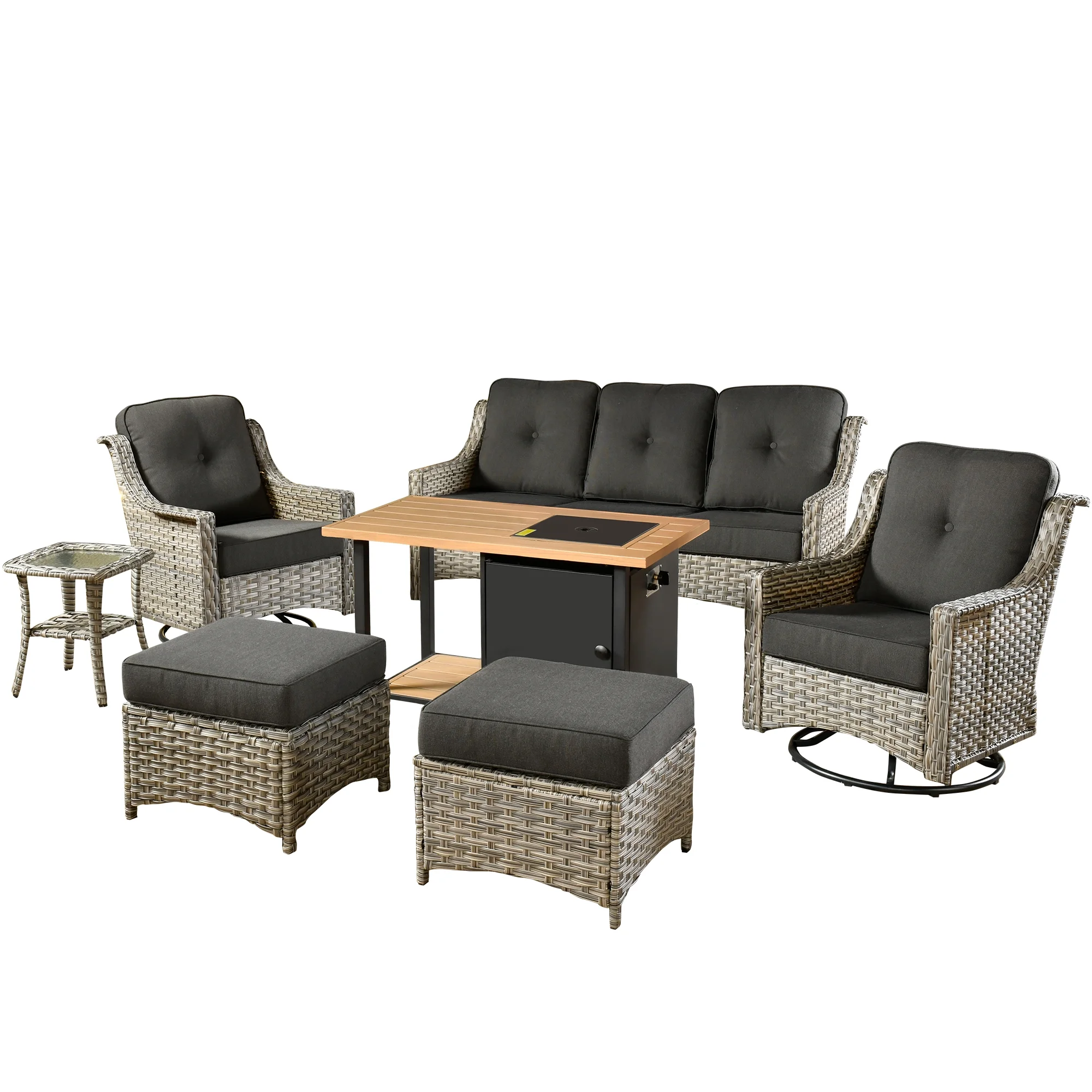 Ovios High-Back Outdoor Patio Furniture with Fire Pit 7 Pieces All Weather Wicker Conversation Furniture with Rocking Swivel Chair for Backyard