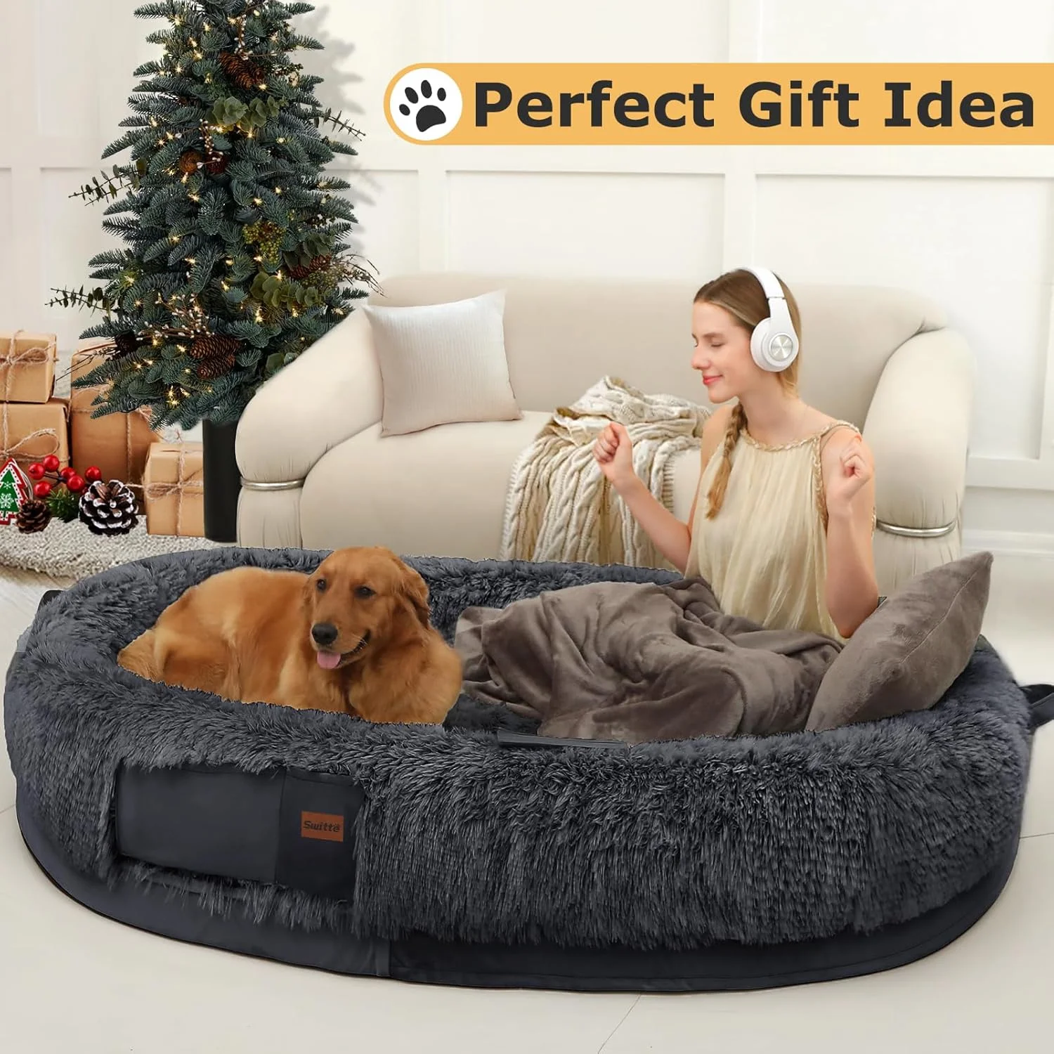 SWITTE Human Dog Bed for Adult, 71"x47"x13" Washable Large Human Size Dog Bed with Blanket for People Doze Off