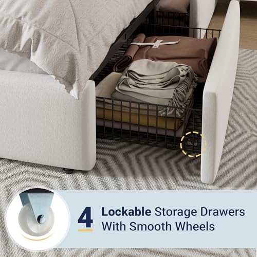 Allewie Modern Full Size Platform Bed Frame with 4 Storage Drawers and Velvet Upholstered Headboard, Wooden Slats Support