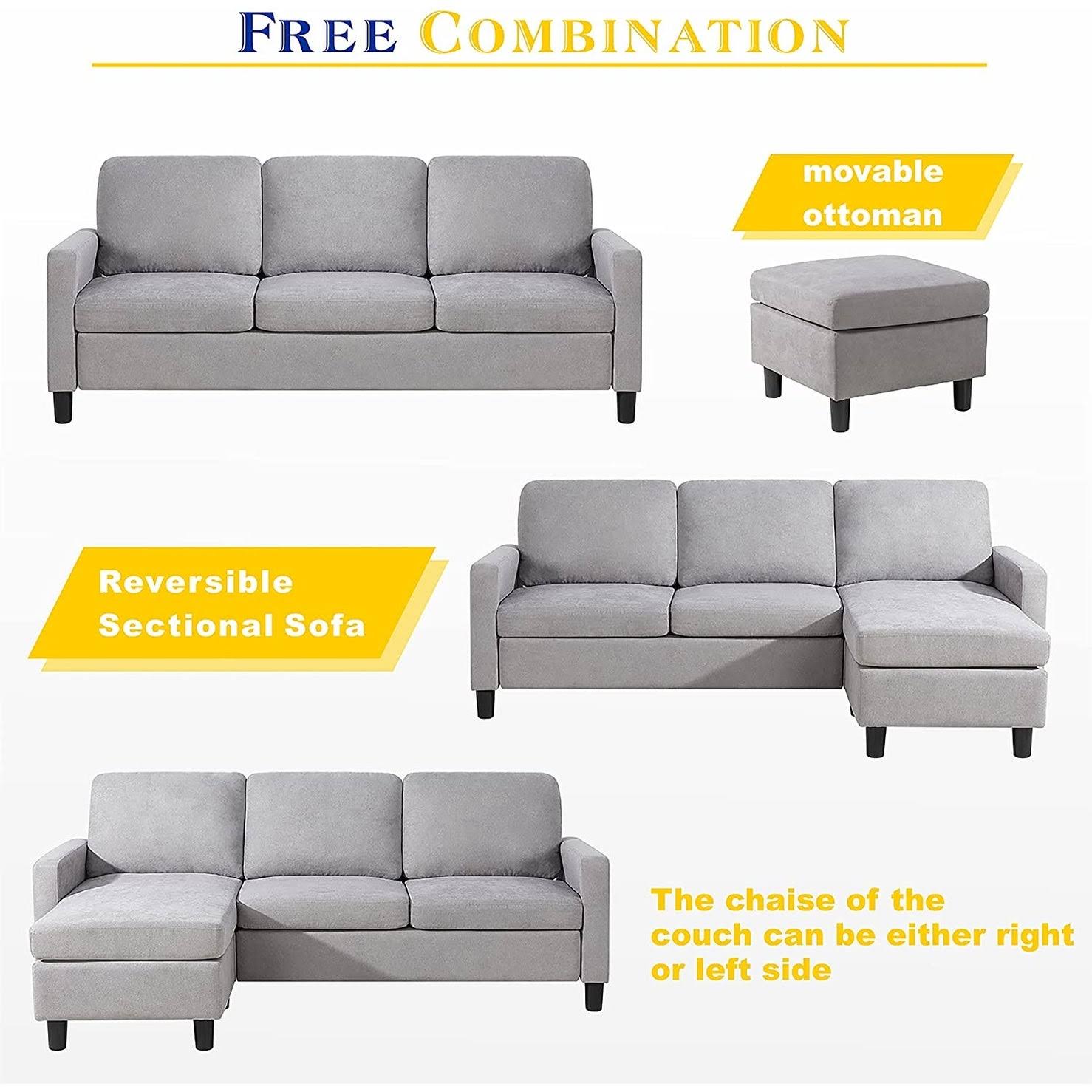 Futzca Convertible Sectional Sofa Couch with Reversible Chaise, Modern Linen Fabric L-Shaped Couch for Small Space - Ash