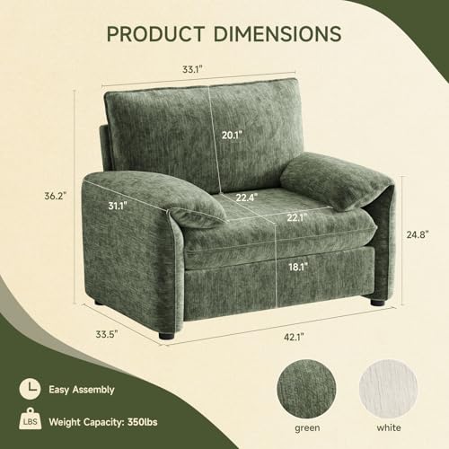 Oversized Accent Chair, 42 Inch Chenille Fabric Armchair, Comfy Single Sofa Chair with Padded Arms, Pocket Spring Cushion