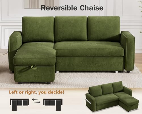 81" Sleeper Sofa Bed with Pull Out Bed, L Shaped Couch Sectional Sleeper Sofa, Pull Out Couch with Reversible Storage Chaise, Side Pockets