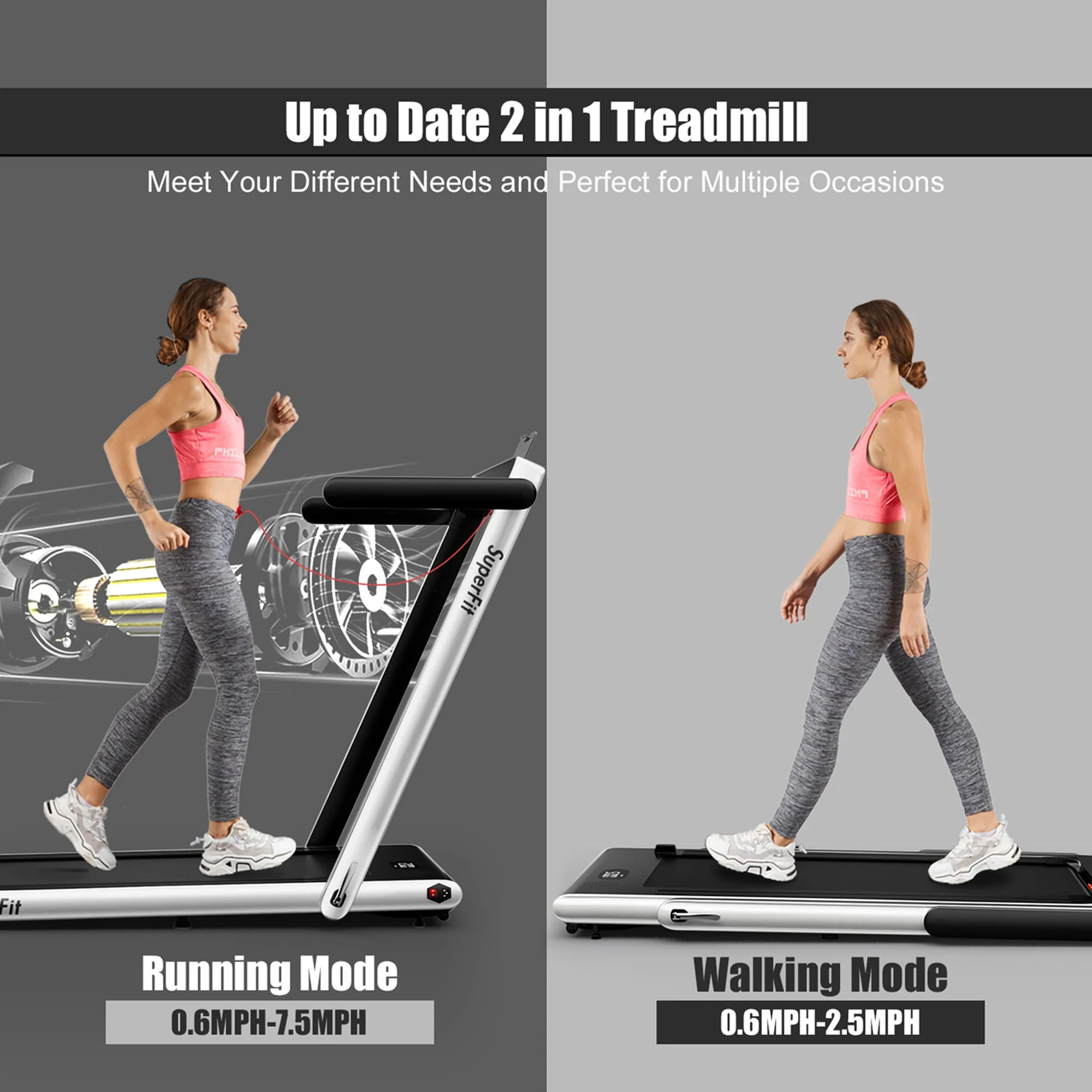 SuperFit Up To 7.5MPH 2.25HP 2 in 1 Single Display Screen Folding Treadmill W/ APP Control Speaker Remote Control Blue