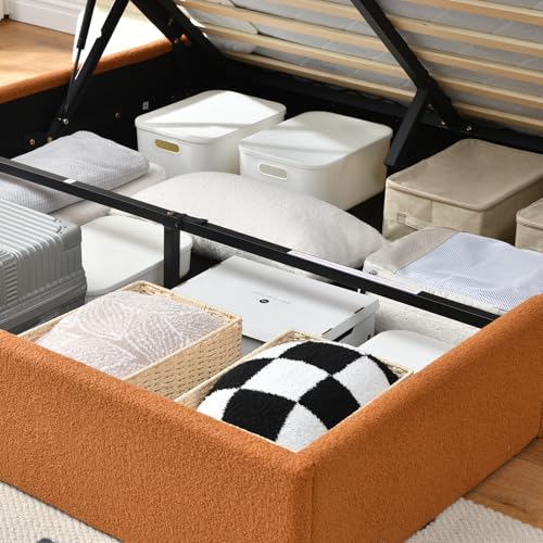 VELOCAVA Queen Size Lift-Up Storage Bed, Upholstered Boucle Bed with Curved Headboard, Rounded Corners, Sturdy Wooden Slat Support