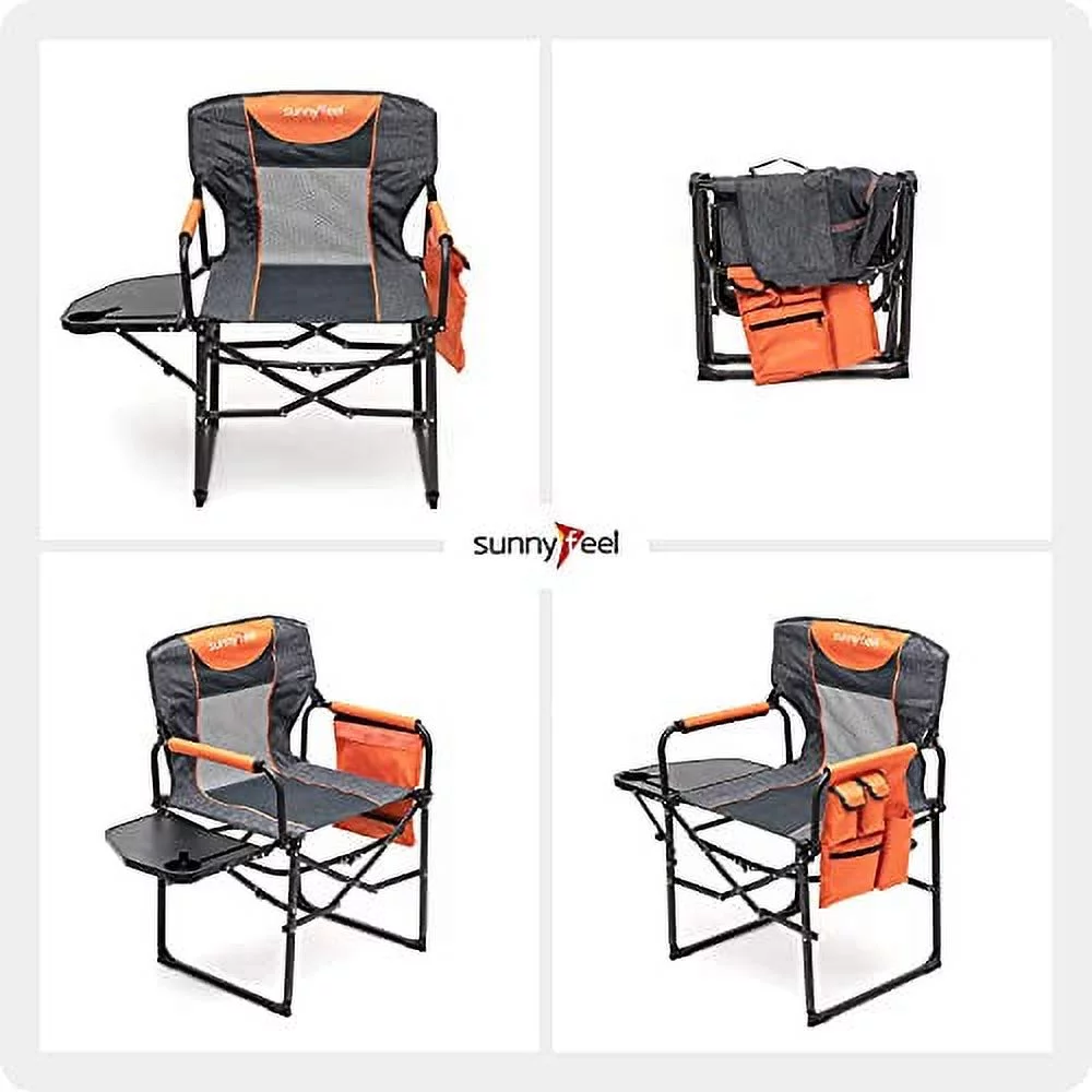 SunnyFeel Compact Camping Director Chair, Portable Folding Chairs with Side Table, Carry Bag (2 Pack Orange)