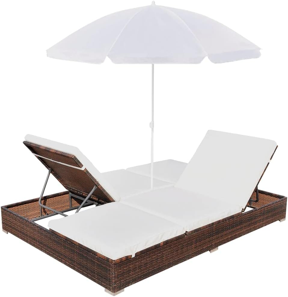 Double Sun Lounger with Cushion and Umbrella | 2-Person Patio Chaise Lounges | Adjustable Outdoor Sunbed | Garden Sunlounger Daybed | Sun Lounge Bed