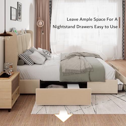 iPormis Queen Bed Frame with 4 Storage Drawers, Upholstered Platform Bed Frame with Charging Station, Modern Wingback Storage Headboard