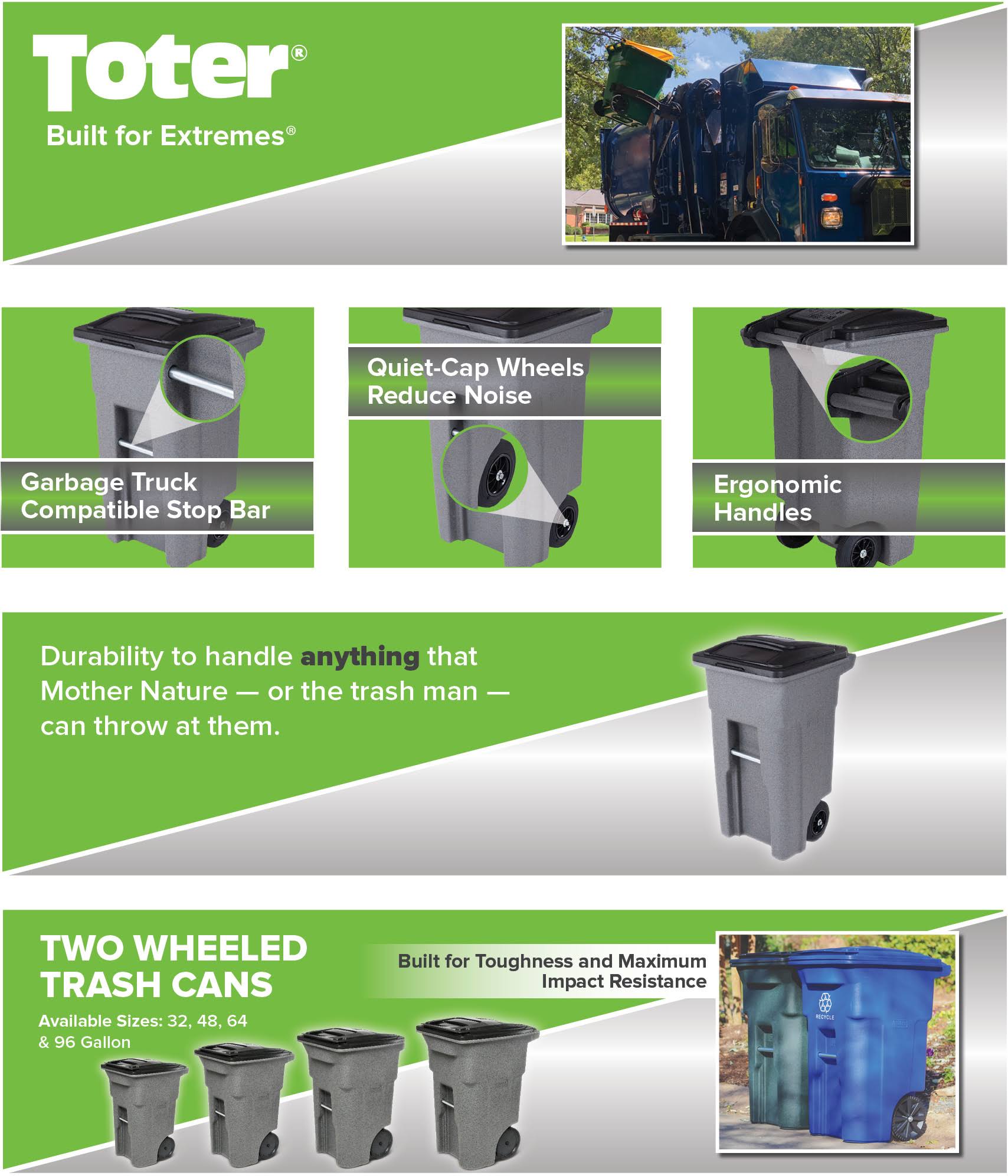 Toter 32 gal. Blackstone Trash Can with Quiet Wheels and Attached Lid