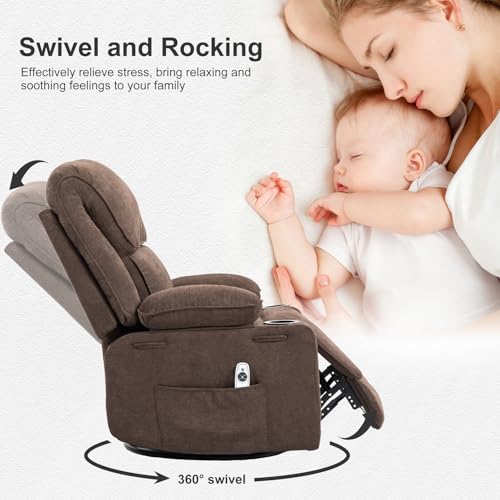 Rocker Recliner Chair with Massage and Heated, 360°Swivel Rocking Chairs with Cup Holders Remote Control for Living Room (Gray Oatmeal)