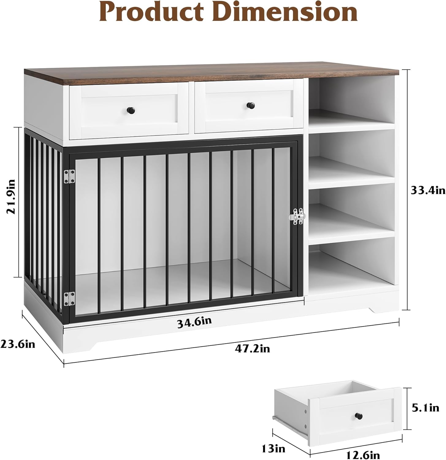 IDEALHOUSE Large Dog Crate Furniture, 47” Dog Crate with 2 Drawers and 4 Shelves, Heavy Duty Wooden Dog Crate