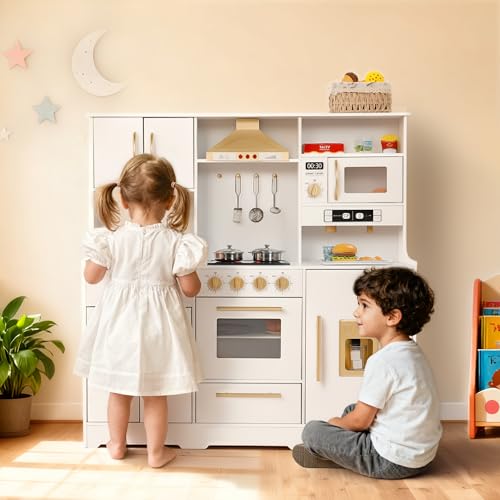 Kinder King Wooden Kids Play Kitchen, Toy Kitchen Playset for Toddler, Play Kitchen Set w/Real Sounds, Pretend Coffee Machine, Kitchen Hood, Sink