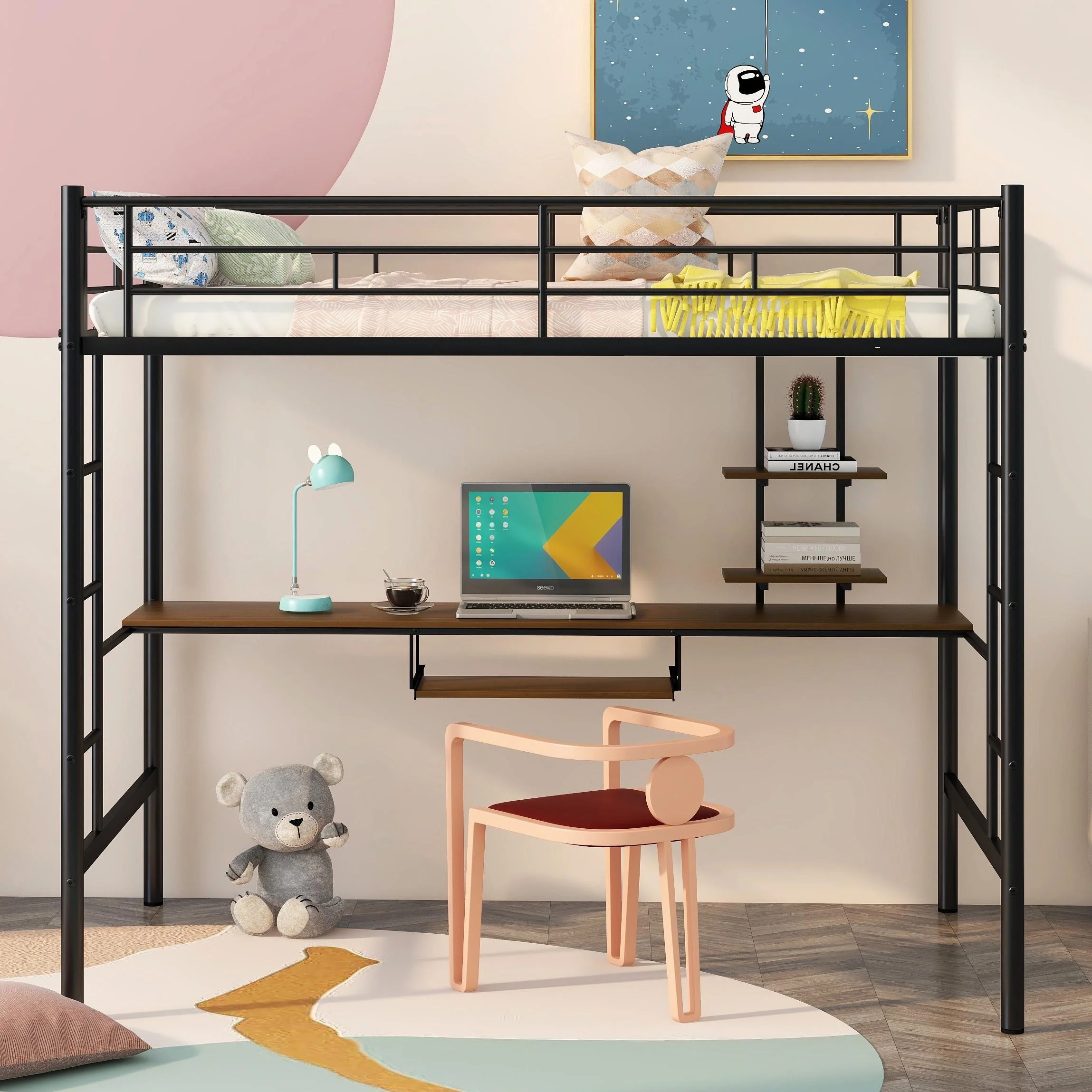 Bellemave Full Size Loft Bed with Desk and Shelves, Metal Loft Bed Frame with Built-in 2 Ladders