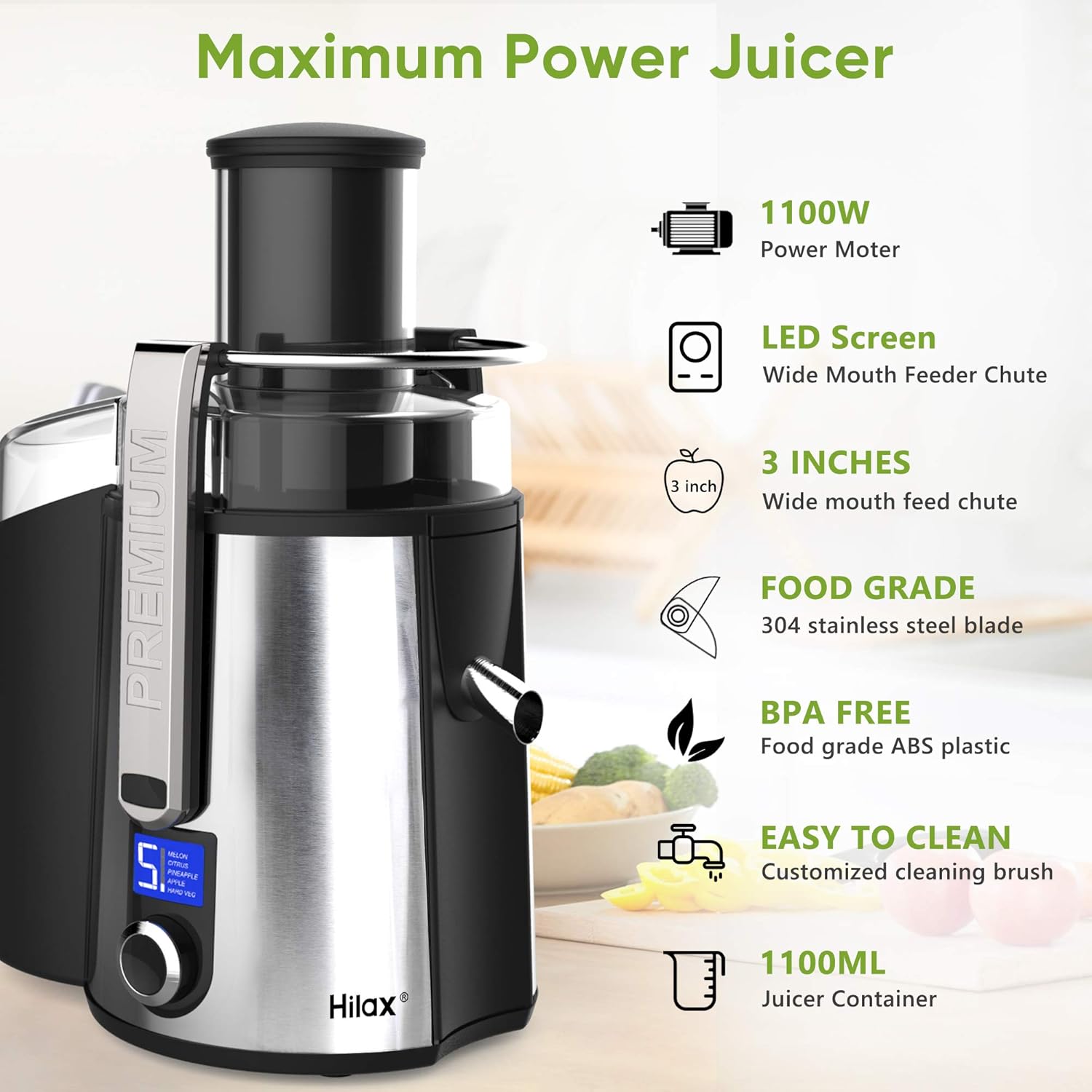 Centrifugal Juicer Machine - 1100W Juice Maker Extractor, 5-Speed Juice Processor Fruit and Vegetable, Big Mouth Stainless Steel Power Juicer