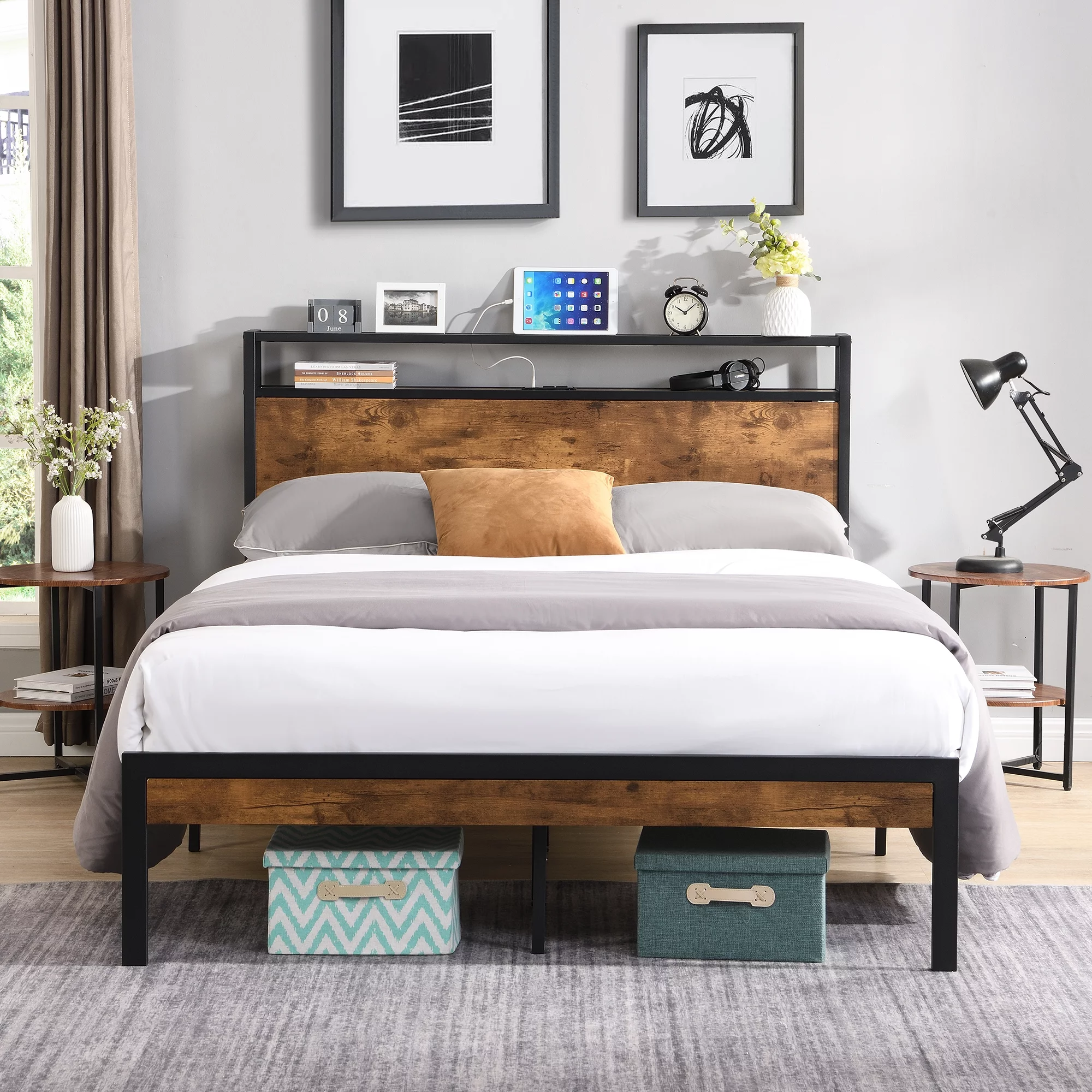 KINFFICT King Size Metal Platform Bed Frame with Wooden Headboard and Footboard, with USB Liner, Sturdy Steel Slat Support, 10.4" Underbed Storage