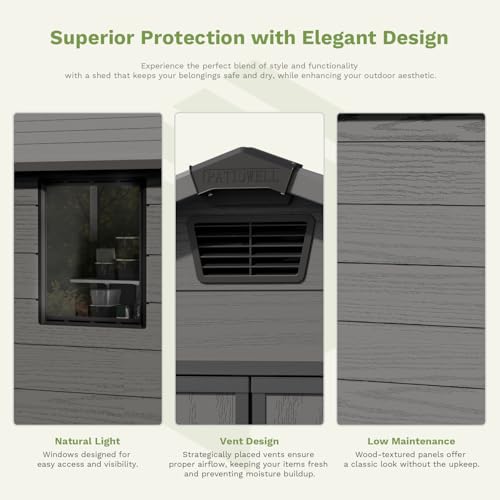 Patiowell 6 x 8 FT Plastic Outdoor Storage Shed with Floor, Resin Outside Tool Shed with Two Windows and Lockable Easy to Install, Door for Garden