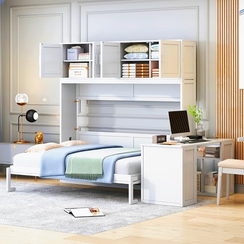 Queen Size Murphy Bed Wall Bed with Desk and Closet,Drawers and Shelves,for Small Spaces Studio Study Office Guest Room Use (Gray#Desk, Queen)