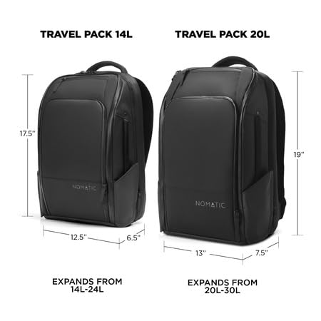 NOMATIC Travel Pack - 20L Water Resistant Laptop Bag - TSA-Ready Expandable Black Backpack