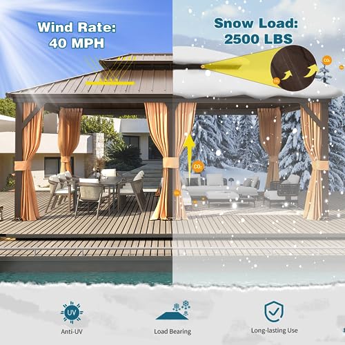MELLCOM 10'x13' Hardtop Gazebo with Polycarbonate Double Roof, Aluminum Frame Outdoor Gazebo Permanent Pavilion with Curtains and Netting for Patio