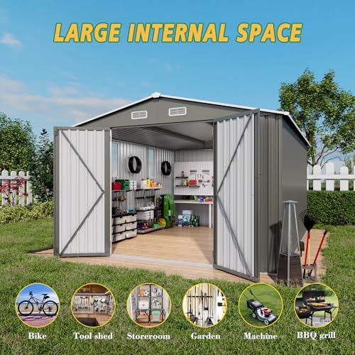 10x12x6.7FT Outdoor Storage Shed, Galvanized Steel Garden Shed with Lockable Door & Window, Waterproof Metal Tool Storage for Garden, Backyard, Patio