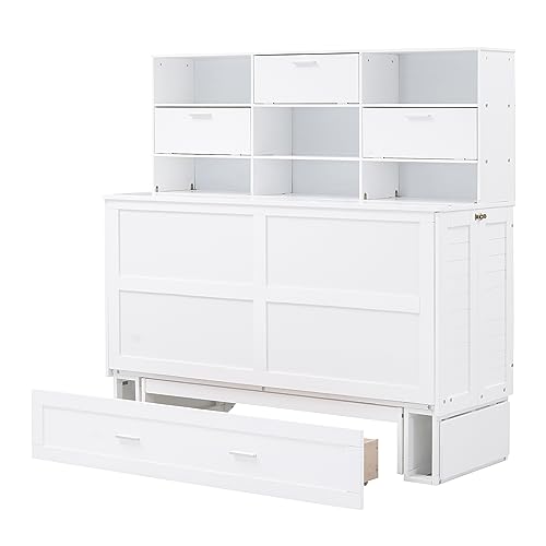 Ball & Cast Queen Size Murphy Bed,Murphy Bed Cabinet W/ 2 Five-Layer Cabinet,Hideaway Wall Bed W/LED Lights,Wood Hidden Bed Frame for Guest Room