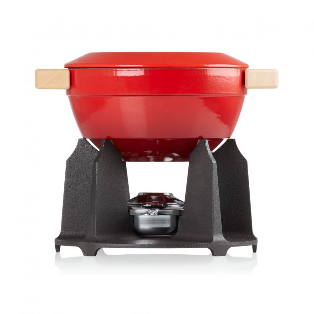 Le Creuset Cast Iron Fondue Set with Wooden Handle Cerise