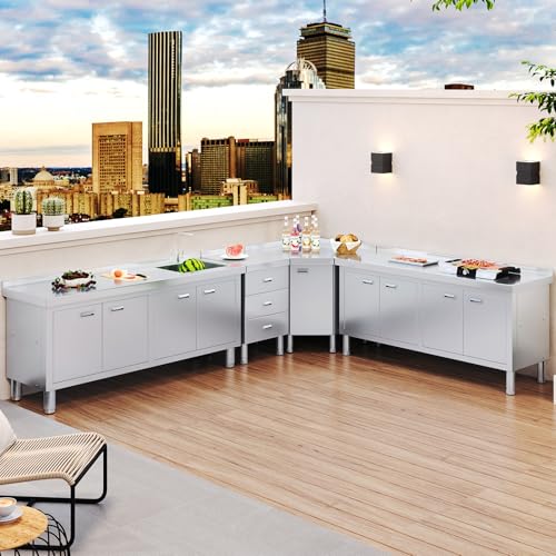 ZZV Freestanding Stainless Steel Sink with Cabinet Heavy Duty Utility Sink Commercial for Kitchen Restaurant Hotel Cafe and Outdoor