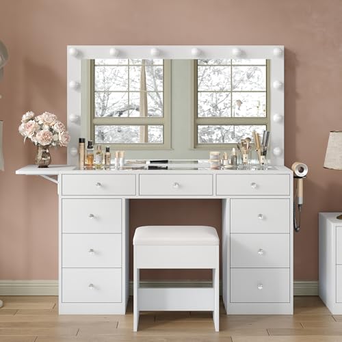 55" W Vanity Desk, Makeup Vanity with Charging Station, 15 Drawers with Lighted Mirror, 3 Lighting Modes, Brightness Adjustable, Glass Top