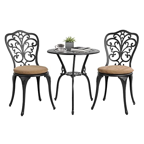 HOMEFUN Bistro Table and Chairs Set of 2 Outdoor 3 Piece Patio Set, Rose Pattern Cast Aluminum Bistro for Garden Balcony