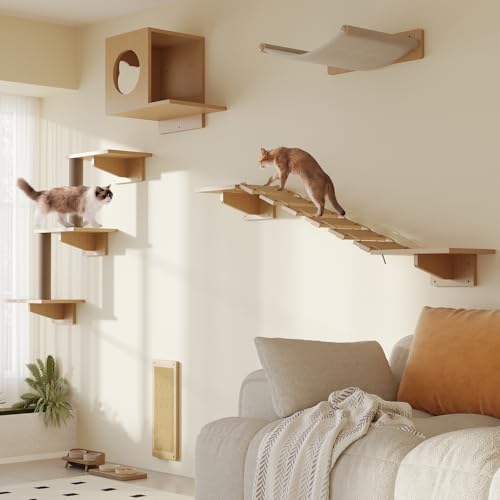 MeowHomm Cat Wall Shelves, Set of 5 Wooden Cat Wall Furniture with Cat Condo, Cat Scratching Post with 3 Steps, Bridge, Cat Hammocks and Scratcher
