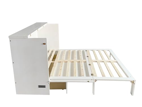 Queen Size Murphy Bed with Desk & Charging Station,Wall Bed Frame Folding into Cabinet Design w/LED & Storage Shelf for Small Space,Bedroom