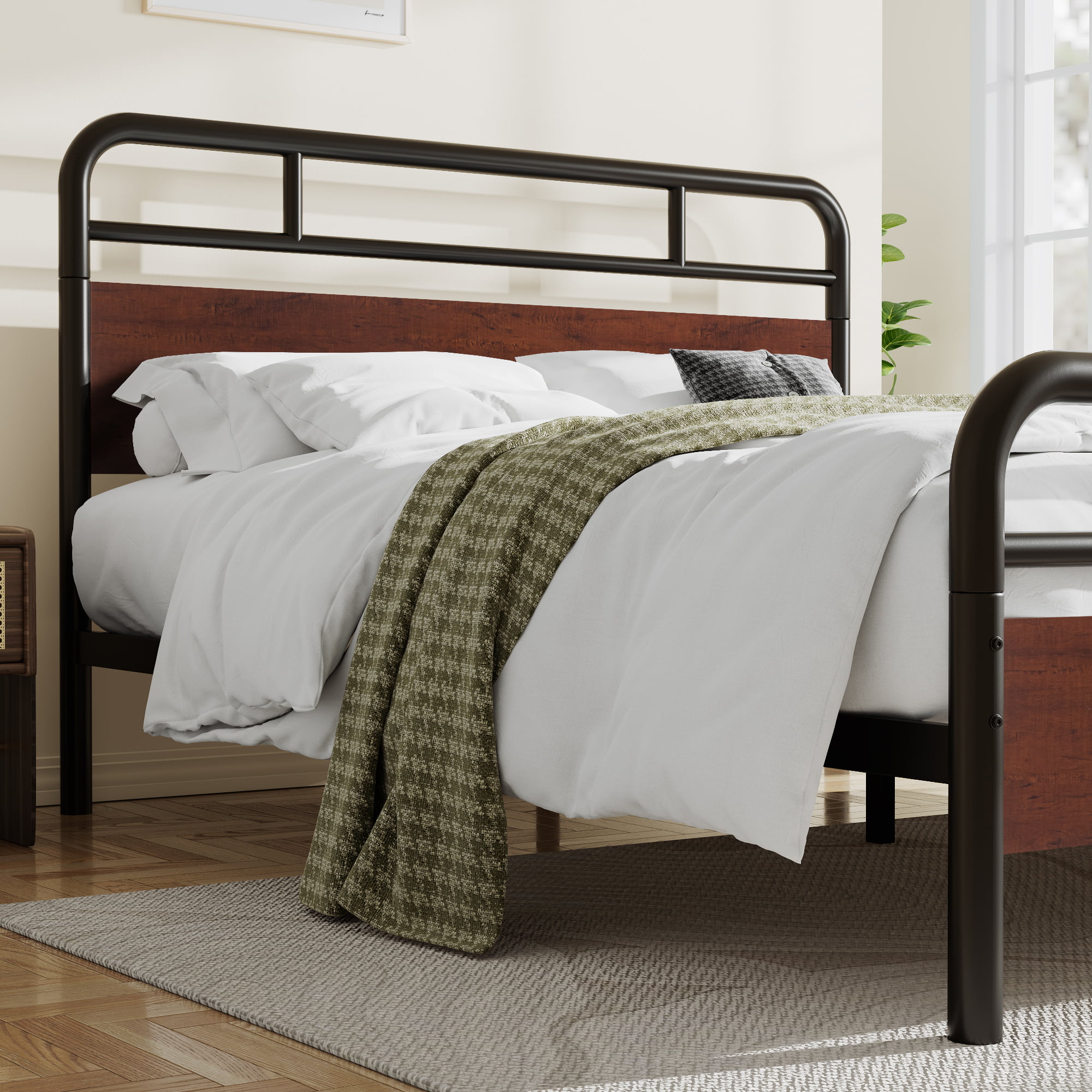 Sha Cerlin Dark Brown Queen Size Metal Platform Bed Frame with Industrial Heavy Duty Wooden Headboard