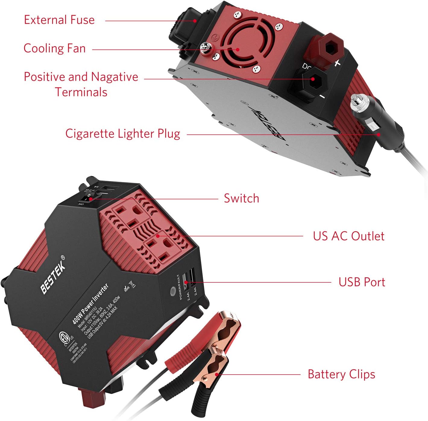 BESTEK 400W Car Power Inverter DC 12V to AC 110V Car Adapter with 5A 4 USB Charging Ports Pack of 2